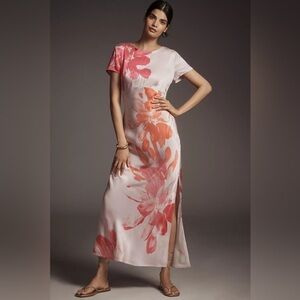 NWT! ANTHROPOLOGIE PINK FLORAL OPEN BACK SHORT-SLEEVE MAXI SLIP DRESS 🔮